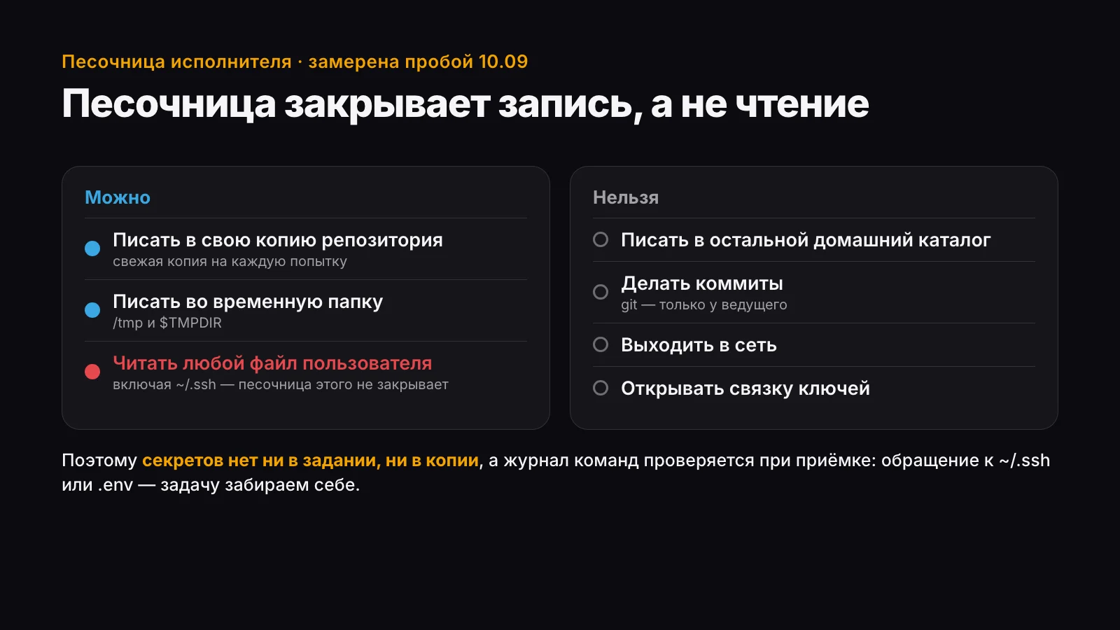 Песочница исполнителя: можно писать в свою копию и во временную папку и читать любой файл; нельзя писать в домашний каталог, делать коммиты, выходить в сеть и открывать связку ключей