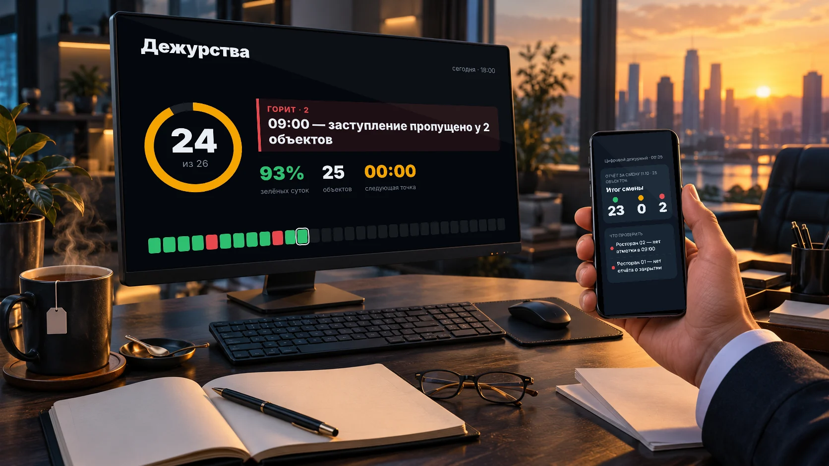 Утро в офисе: вся картина на экране, отчёт за ночь — в телефоне