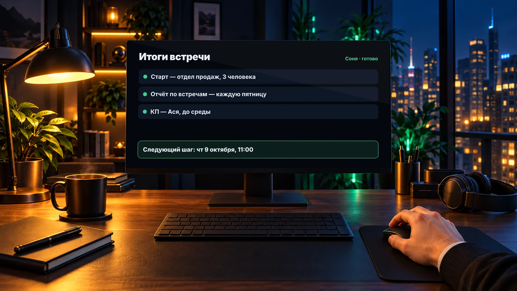 После созвона: расшифровка и итоги уже на экране — договорённости, задачи, следующий шаг